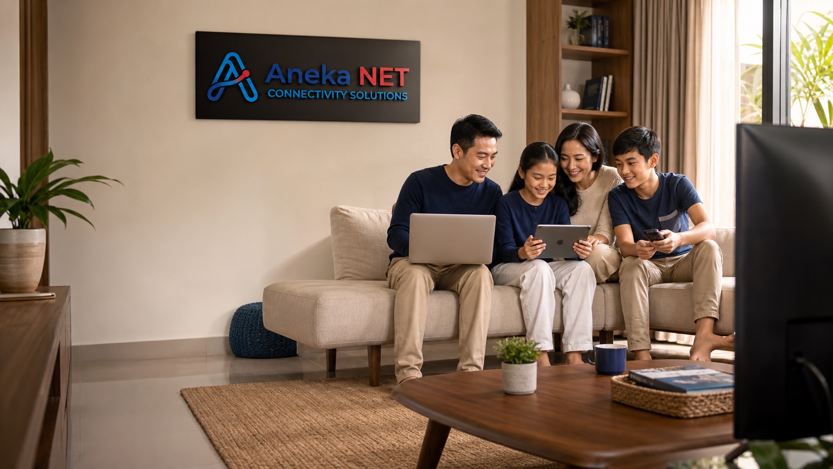 Keluarga menikmati koneksi internet Aneka NET di rumah